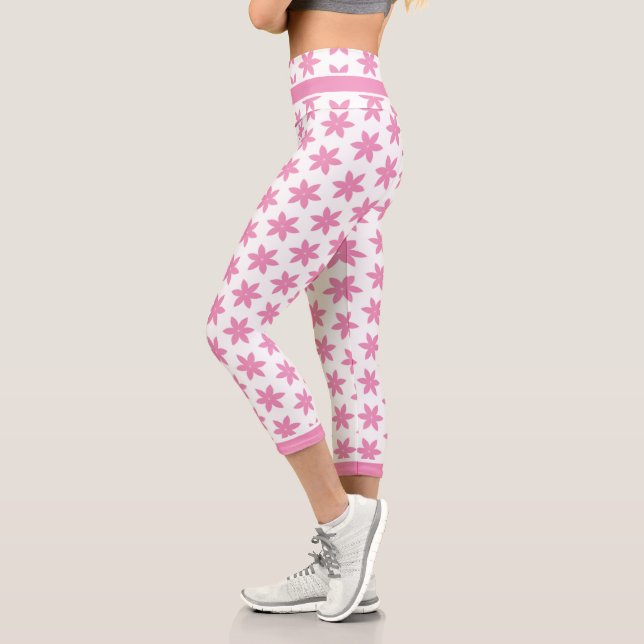 Elegantes rosafarbenes Blumenmuster Weiß Capri Leggings (Links)