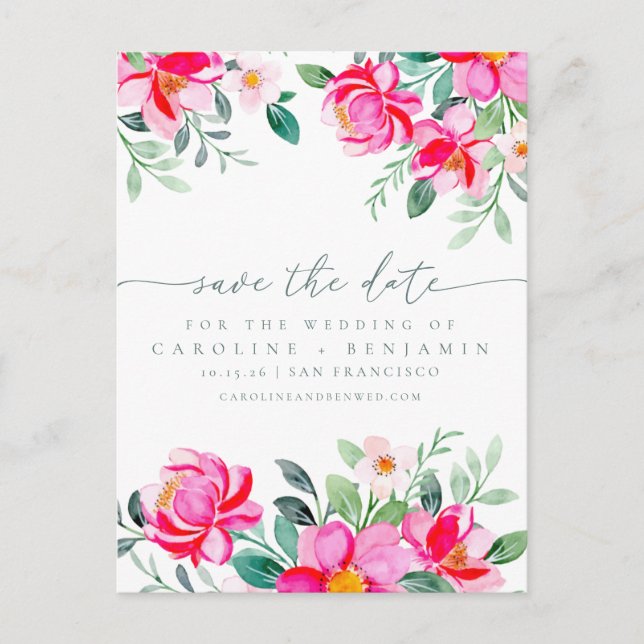 Elegantes rosafarbenes Blumenschrift Rett Datum Postkarte (Vorderseite)