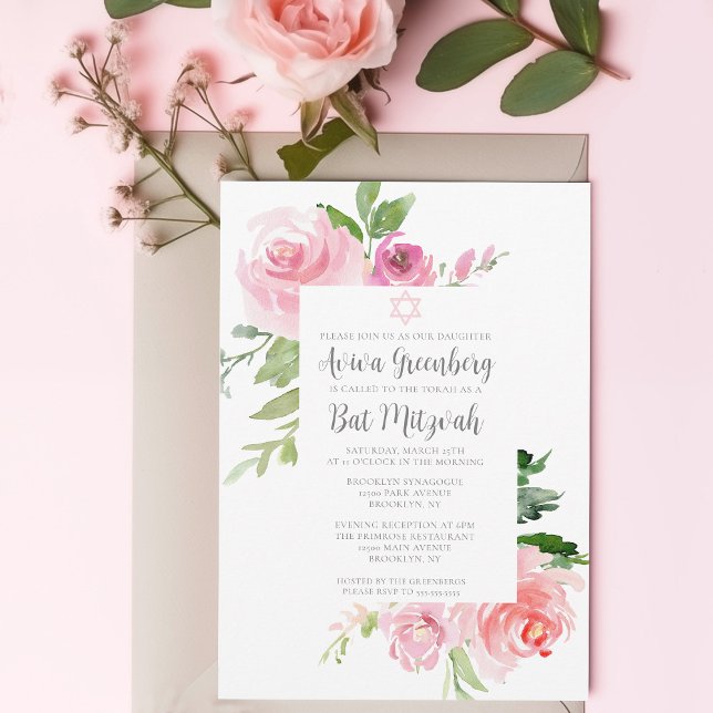 Elegantes rosafarbenes Blumenwasser Bat Mitzvah Pa Einladung (Von Creator hochgeladen)