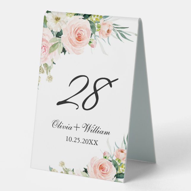 Elegantes rosafarbenes Blush-Blume Blumenzelt Tischaufsteller (Vorderseite)