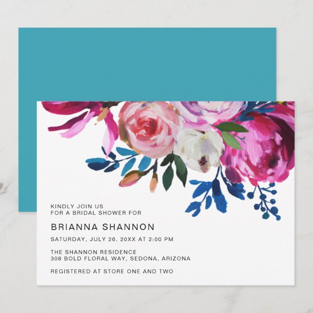 Elegantes rosafarbenes Floral Modernes Brautparty Einladung (Vorne/Hinten)