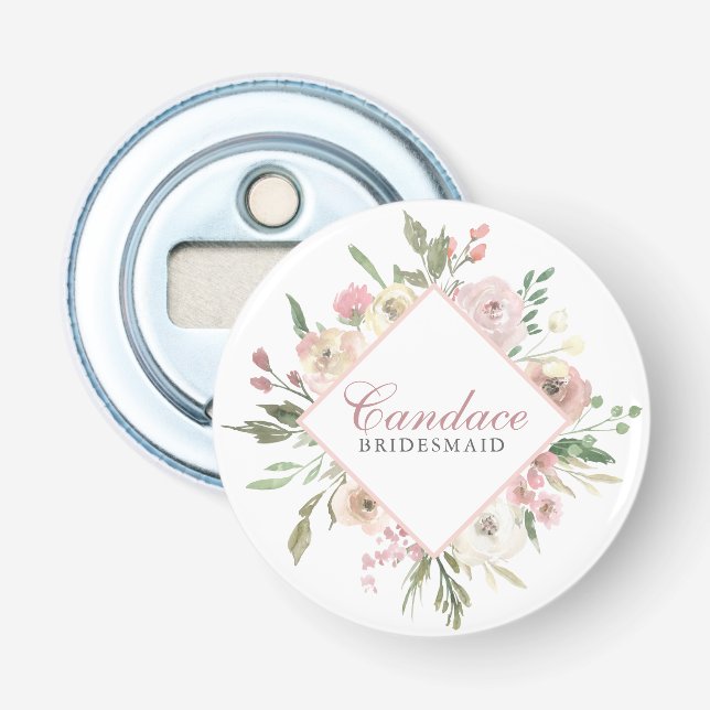 Elegantes, rosafarbenes, florales Brautparty Flaschenöffner (Vorderseite)