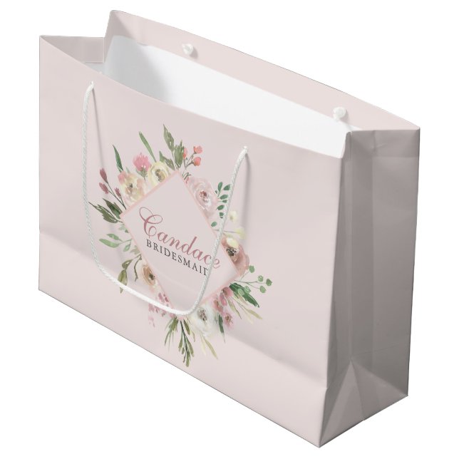 Elegantes, rosafarbenes, florales Brautparty Große Geschenktüte (Vorderseite Schrägansicht)