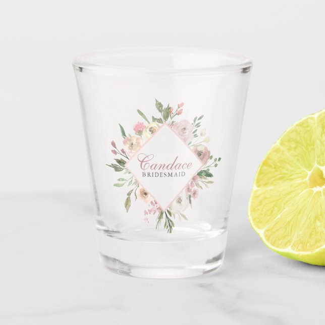 Elegantes, rosafarbenes, florales Brautparty Schnapsglas (Vorderseite)