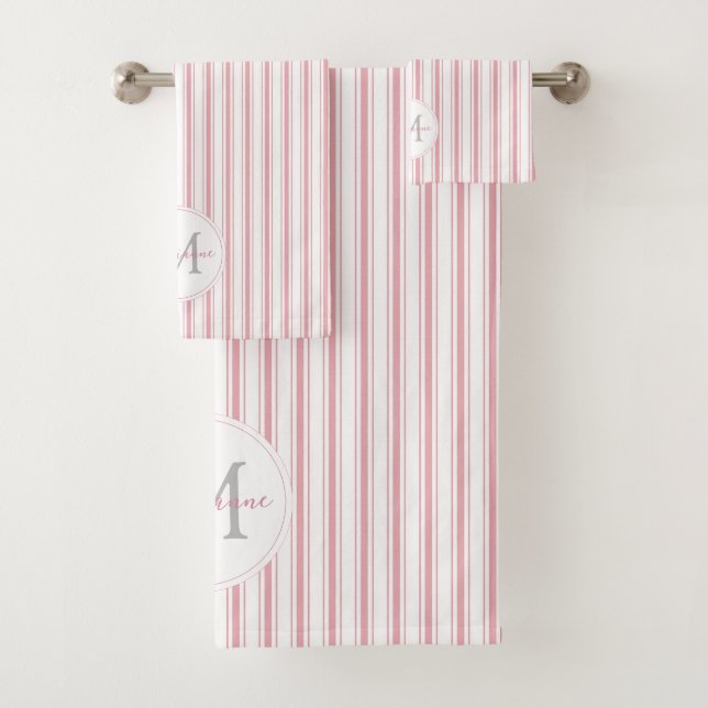 Elegantes rosafarbenes französisches Ticking Strip Badhandtuch Set (Insitu)