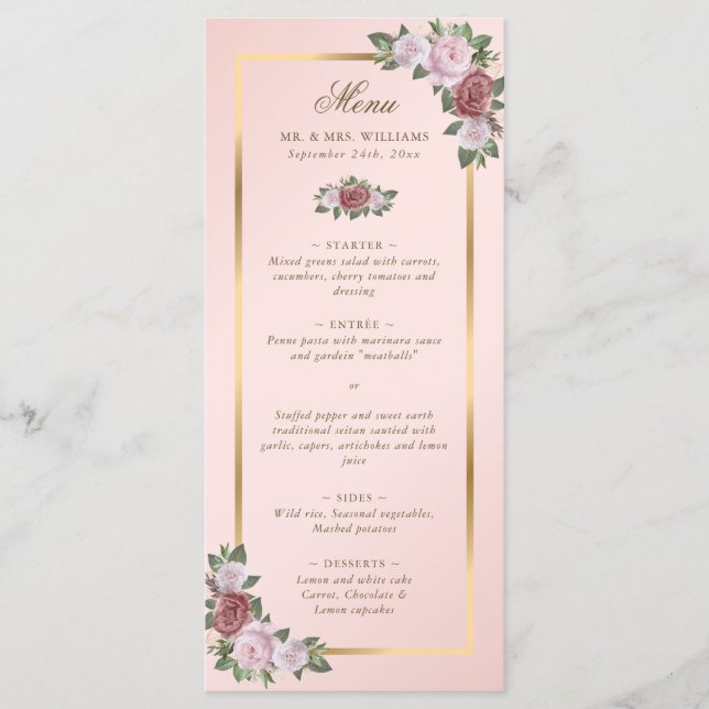 Elegantes, rosafarbenes, goldfarbenes Hochzeitsmen Menükarte (Vorderseite)