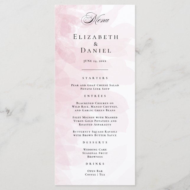 Elegantes, rosafarbenes Hochzeitsmenü Menükarte (Vorderseite)