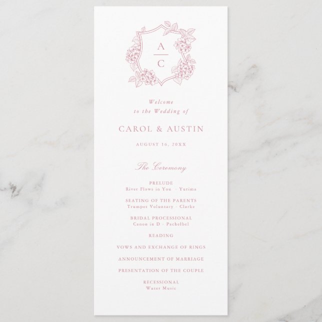 Elegantes rosafarbenes Hortensien-Hochzeitsprogram Programm (Vorderseite)