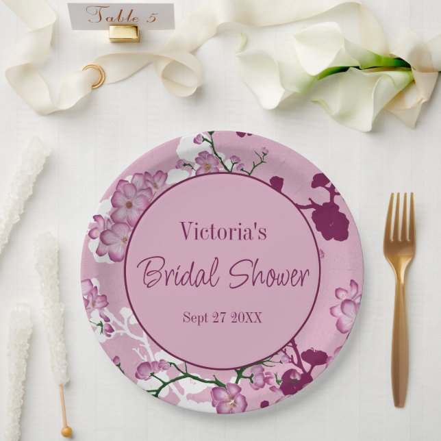 Elegantes rosafarbenes Kirschblüten-Brautparty Pappteller (Hochzeit)