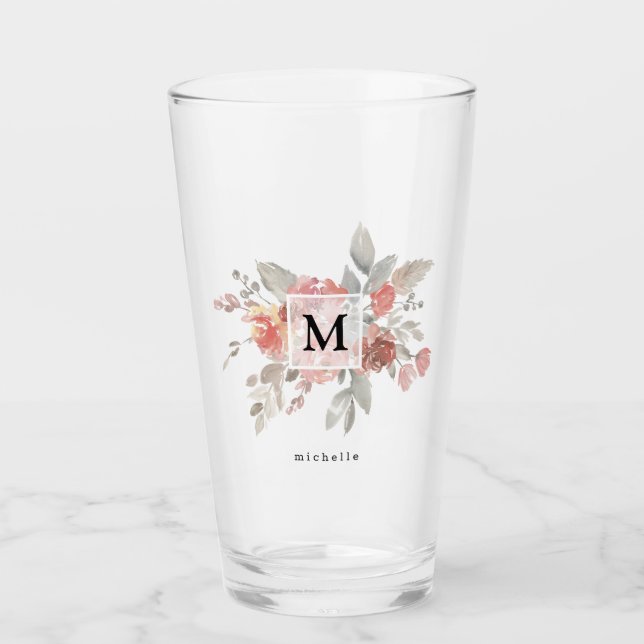 Elegantes rosafarbenes Monogramm der grauen Blume Glas (Vorderseite)