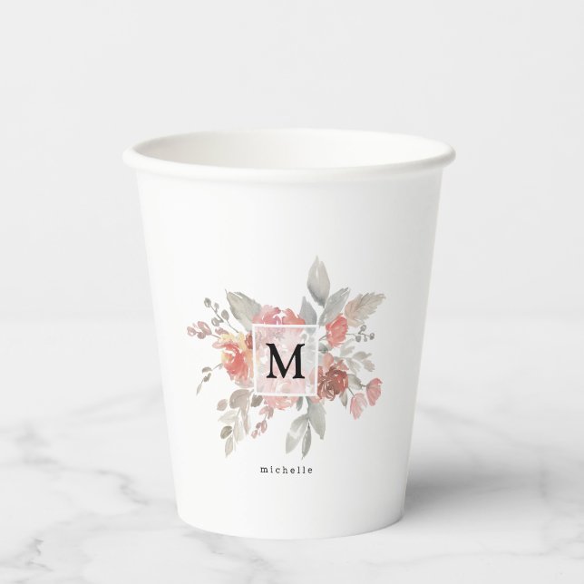 Elegantes rosafarbenes Monogramm der grauen Blume Pappbecher (Vorderseite)