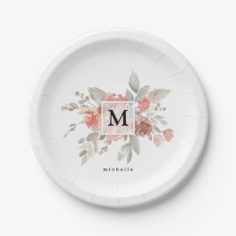 Elegantes rosafarbenes Monogramm der grauen Blume Pappteller