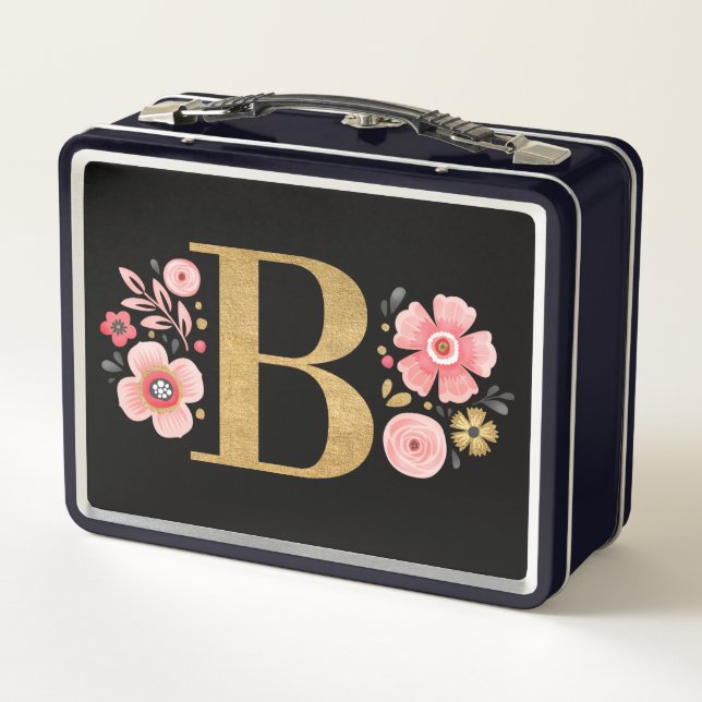 Elegantes rosafarbenes Monogramm Metall Brotdose (Rückseite)