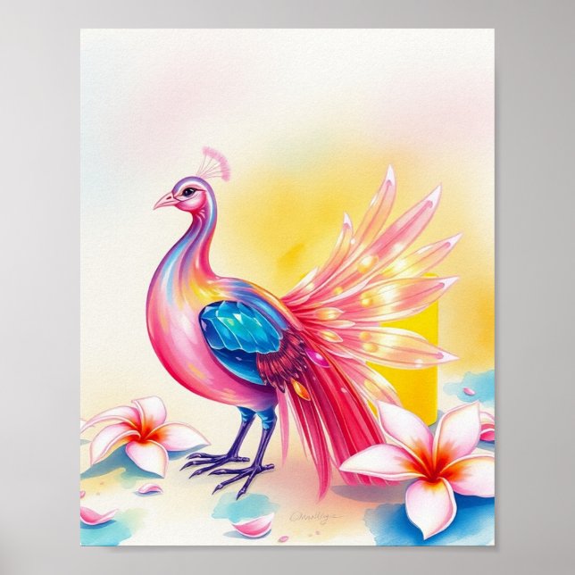 Elegantes rosafarbenes Pfauenwasser-Farbposter Poster (Vorne)