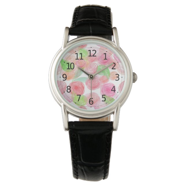 Elegantes rosafarbenes Rosenmuster | Armbanduhr (Vorderseite)