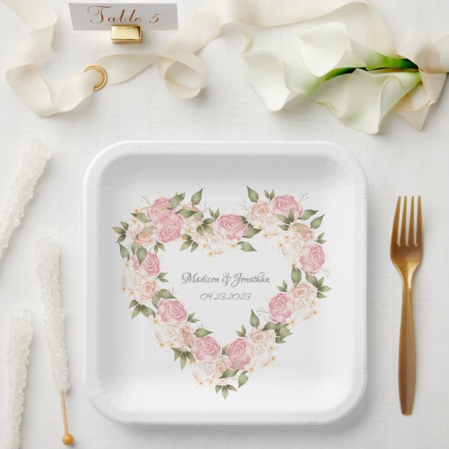 Elegantes rosafarbenes Wasser Namen Hochzeitsherz Pappteller (Hochzeit)
