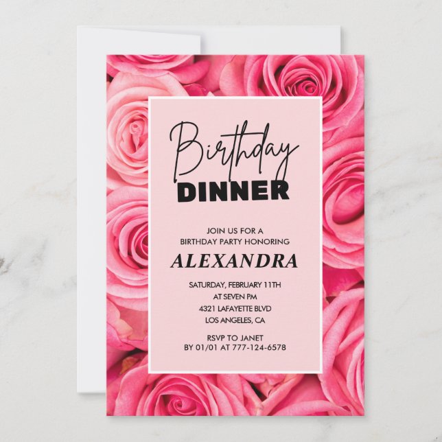 Elegantes Rose Dinner 77. Geburtstag Einladung (Vorderseite)