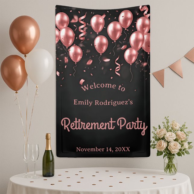 Elegantes Rose Gold Balloons Black Retirement Part Banner (Von Creator hochgeladen)