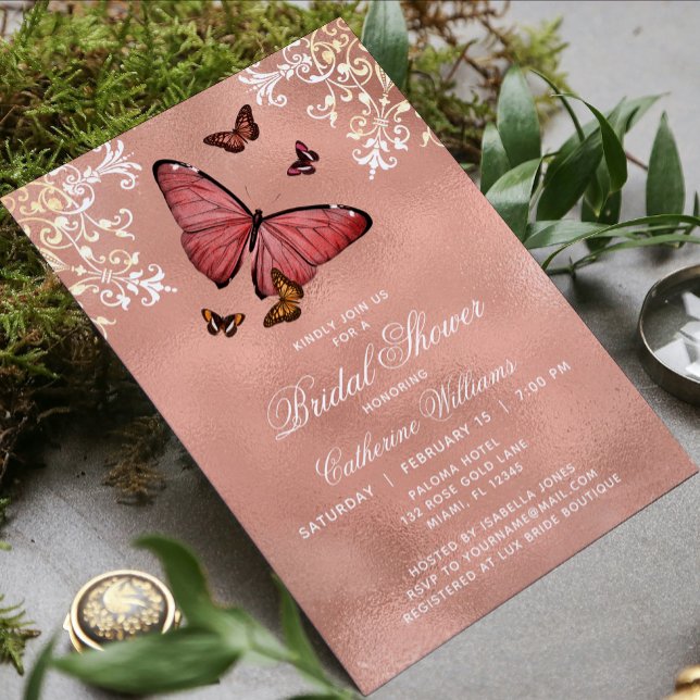 Elegantes Rose Gold Butterfly Brautparty Einladung (Von Creator hochgeladen)