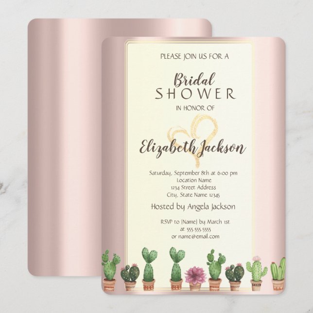 Elegantes Rose Gold Cactus Brautparty Einladung (Vorne/Hinten)