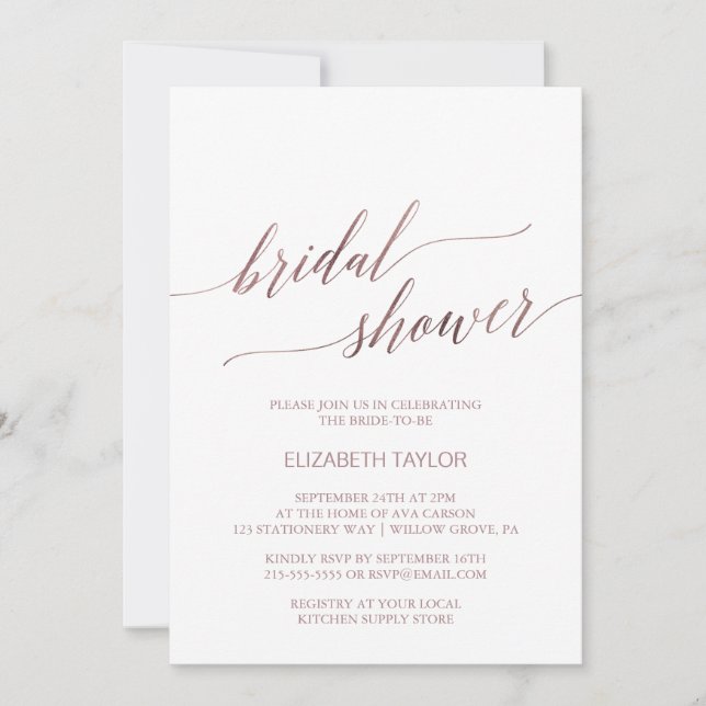 Elegantes Rose Gold Calligraphy Brautparty Einladung (Vorderseite)