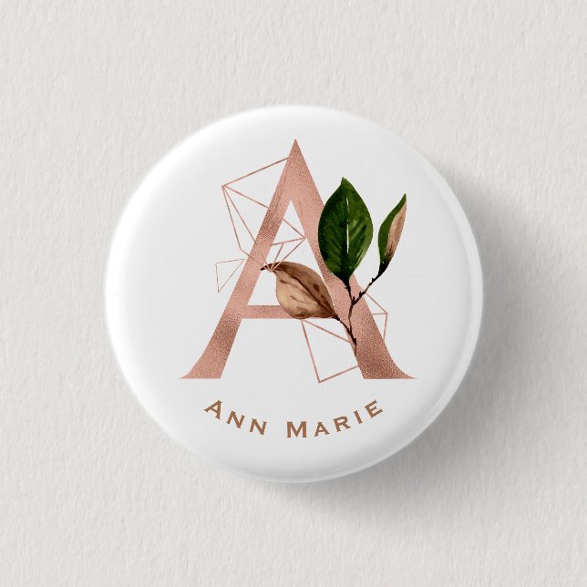 Elegantes Rose Gold Floral Monogram Brautparty Button (Vorderseite)