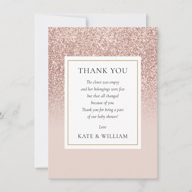 Elegantes Rose Gold Glitzer Baby Shower Gedicht Dankeskarte (Vorderseite)