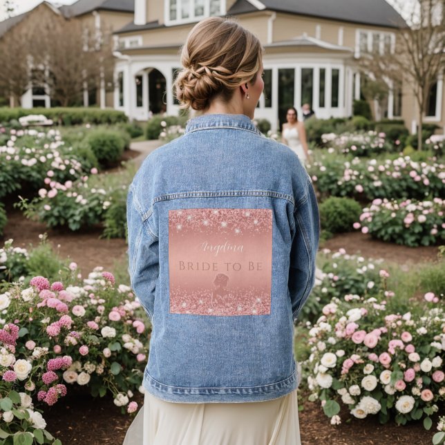 Elegantes Rose Gold Luxe Shimmer Brautparty Jeansjacke (Hochzeit Rückseite)