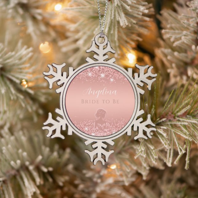 Elegantes Rose Gold Luxe Shimmer Brautparty Schneeflocken Zinn-Ornament (Baum)