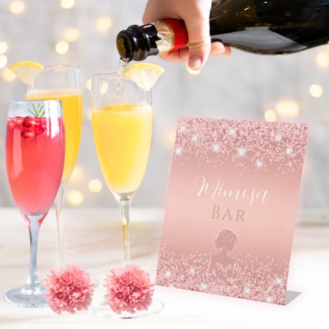 Elegantes Rose Gold Luxe Shimmer Brautparty Sockelschild (Toast the bride in style with this elegant rose gold shimmer mimosa bar sign for your bridal shower.)