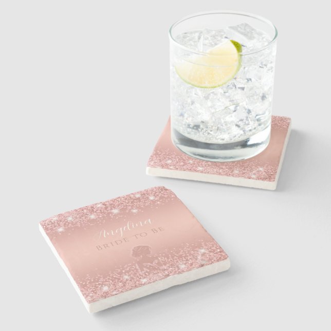 Elegantes Rose Gold Luxe Shimmer Brautparty Steinuntersetzer (Seitenansicht)