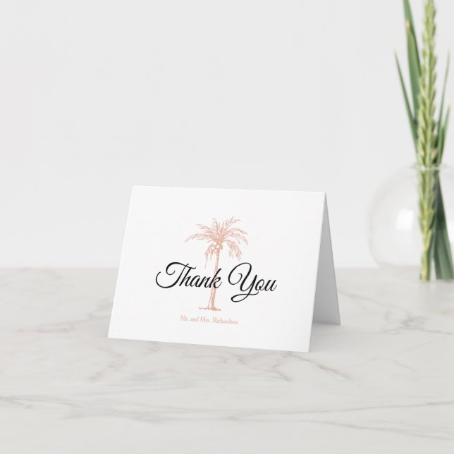 Elegantes Rose Gold Palm Tree Wedding Foto Dankeskarte (Vorderseite)