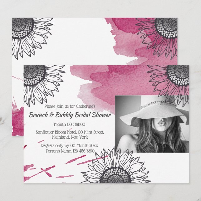 Elegantes Rose Rosa Graues DIY Foto Sonnenblumen P Einladung (Vorne/Hinten)