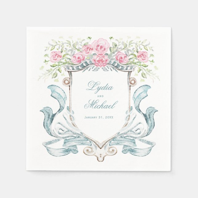 Elegantes Rose Wappen mit Bow | Hochzeit Serviette (Vorderseite)