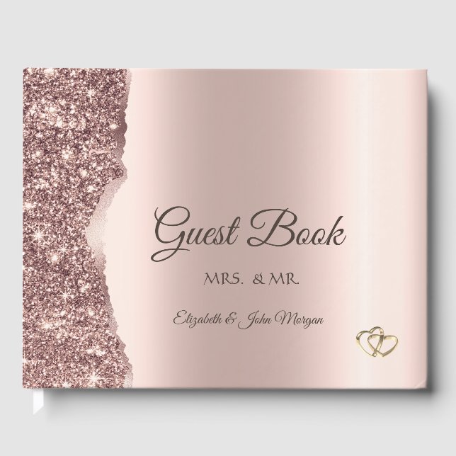 Elegantes Roségold-Glitter-Skript  Gästebuch (Vorderseite)