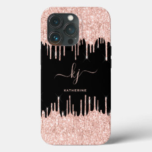 Elegantes Roségold-Glitter-Tropfdesign 2 Monogramm iPhone 13 Pro Hülle