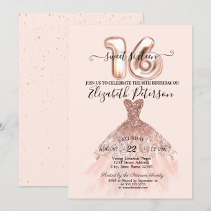 Elegantes Roségold Kleid Konfetti Creme Sweet 16 Einladung