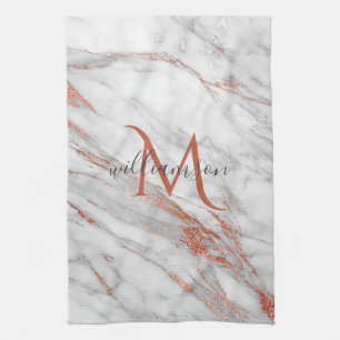 Elegantes Roségold-Kupfer-Weiß-Marmor-Monogramm Geschirrtuch