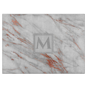 elegantes Roségold  Kupfer weißer Marmor Monogramm Schneidebrett