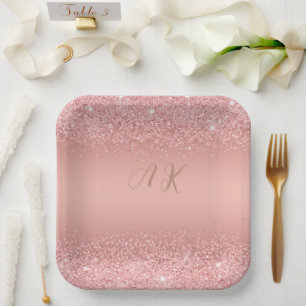 Elegantes Roségold Luxus-Schimmer Monogramm Pappteller