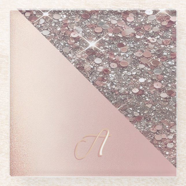 Elegantes Roségold-Monogramm Glasuntersetzer (Vorderseite)