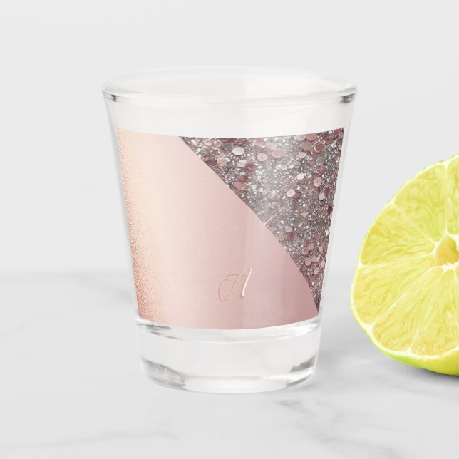 Elegantes Roségold-Monogramm Schnapsglas (Vorderseite)