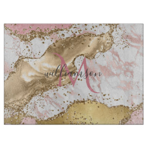 Elegantes Roségold   Weißer Marmor Monogramm Schneidebrett