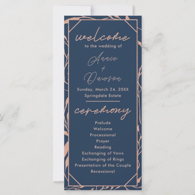 Elegantes Rosen-Gold- und Navy-Hochzeitsprogramm (Vorderseite)