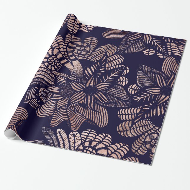 Elegantes Rosen-Goldblumenzeichnungen auf Geschenkpapier (Ungerollt)