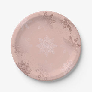 Elegantes Rosen-Goldweihnachtsschneeflocke-Muster Pappteller