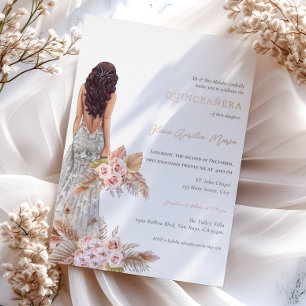 Elegantes Rosen-Pampasgras-Kleid Quinceanera Folieneinladung