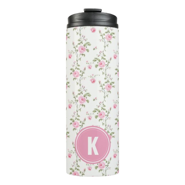 Elegantes Rosenblumen-Muster-Monogramm Thermosbecher (Vorderseite)