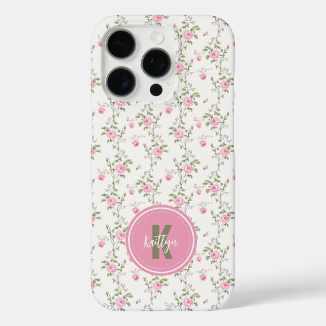 Elegantes Rosenblumenmuster-Monogramm iPhone 16 Pro Hülle (Rückseite)