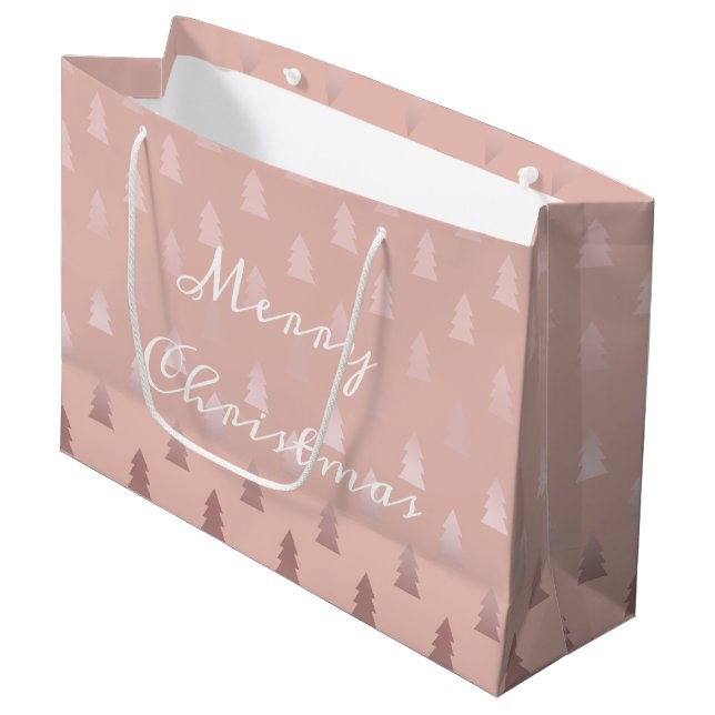 Elegantes Rosengold und rosa Weihnachtsbaummuster Große Geschenktüte (Vorderseite Schrägansicht)